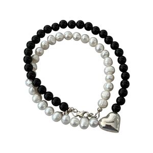 Sterling Silver Pearl & Black Double Wrap Beaded Bracelet Puff Heart Charm